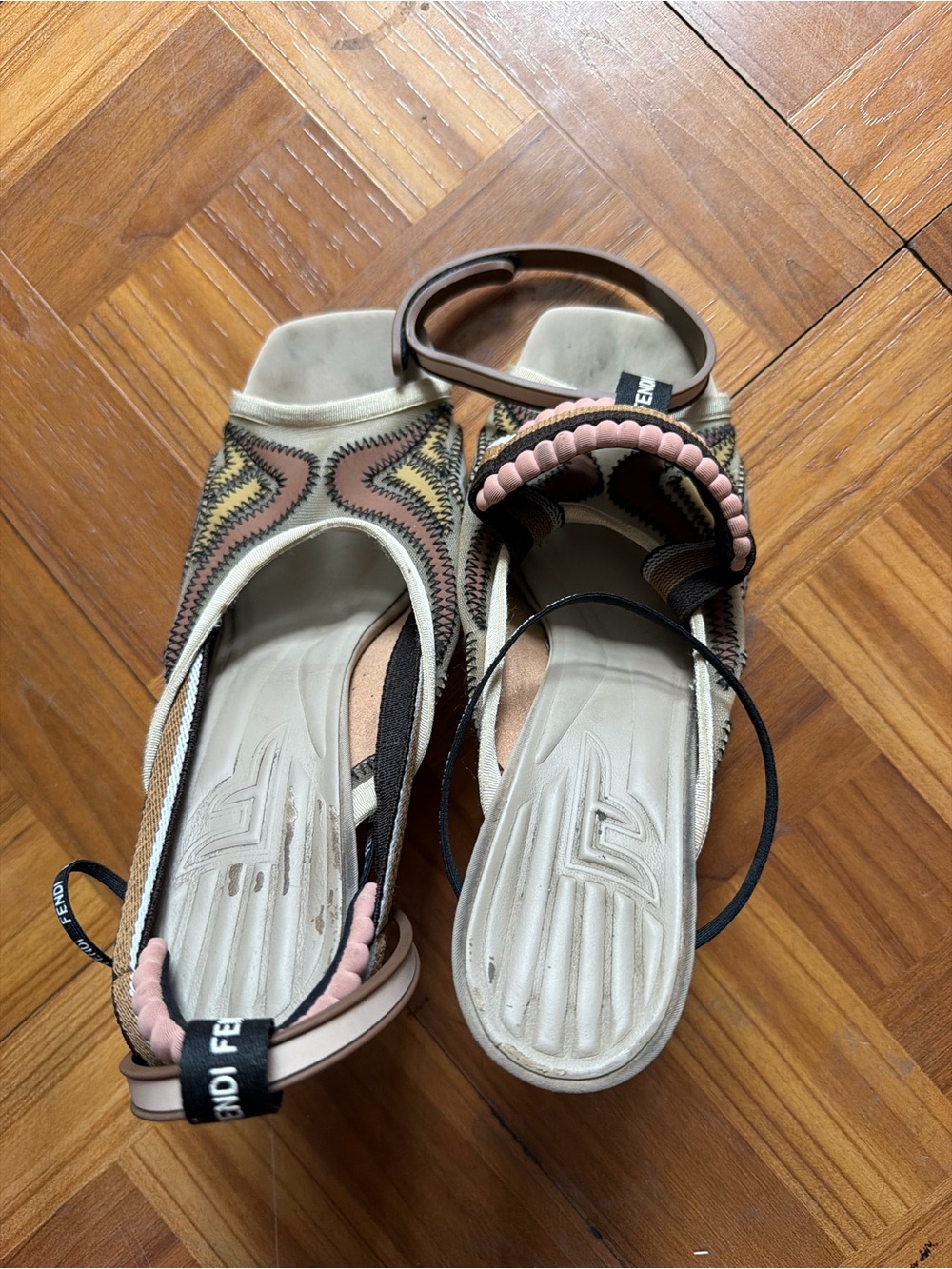 Fendi Beige, Brown & Pink Knit Peep-Toe Sandals